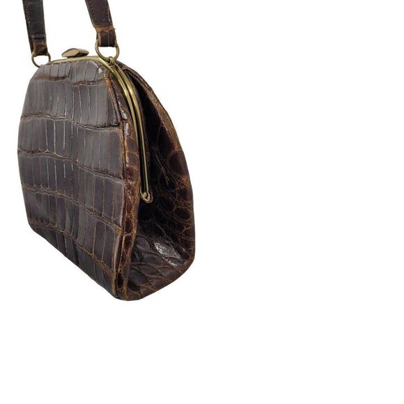Vintage 40's Top Handle Handbag Brown Leather Croc Embossed Gold Framed Clasp - Picture 17 of 17